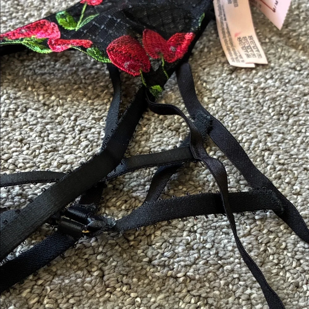 VS Black Lace Garter Belt with Red Cherry Embroidery - Picture 3 of 5